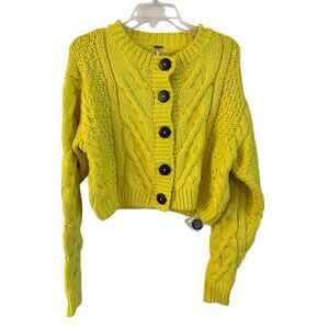 NWOT Free People Bonfire Button Up Cardigan Unripe Lemon Chunky Knit Small